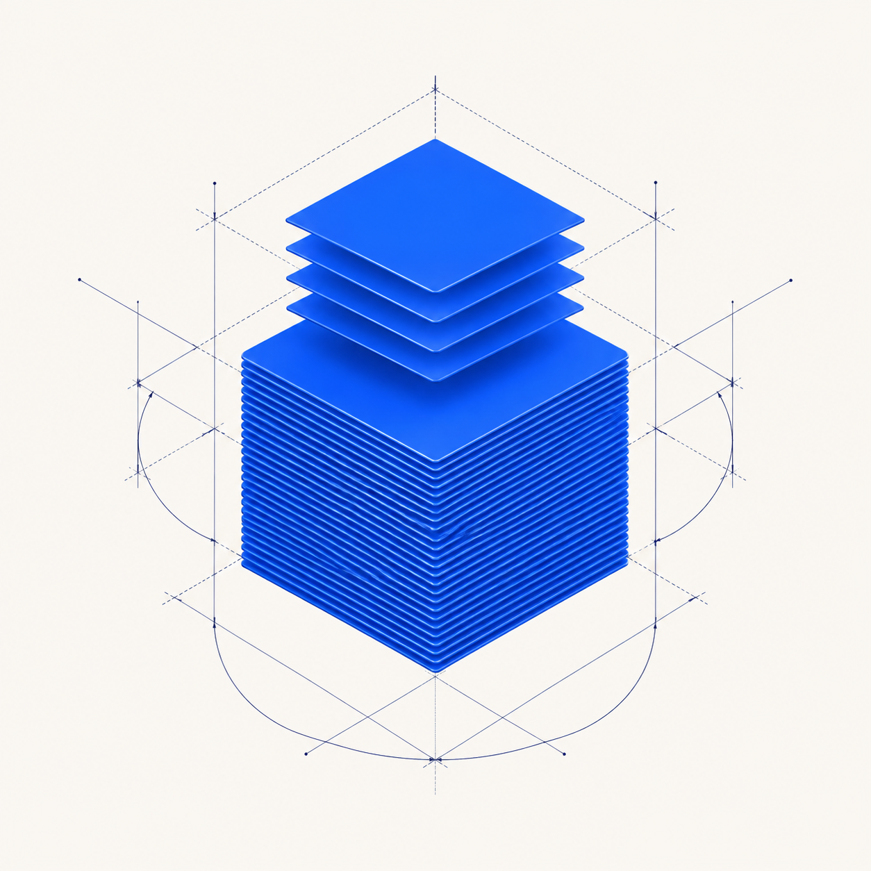 Étude technique d’un cube en couches d’impression 3D, avec lignes de construction